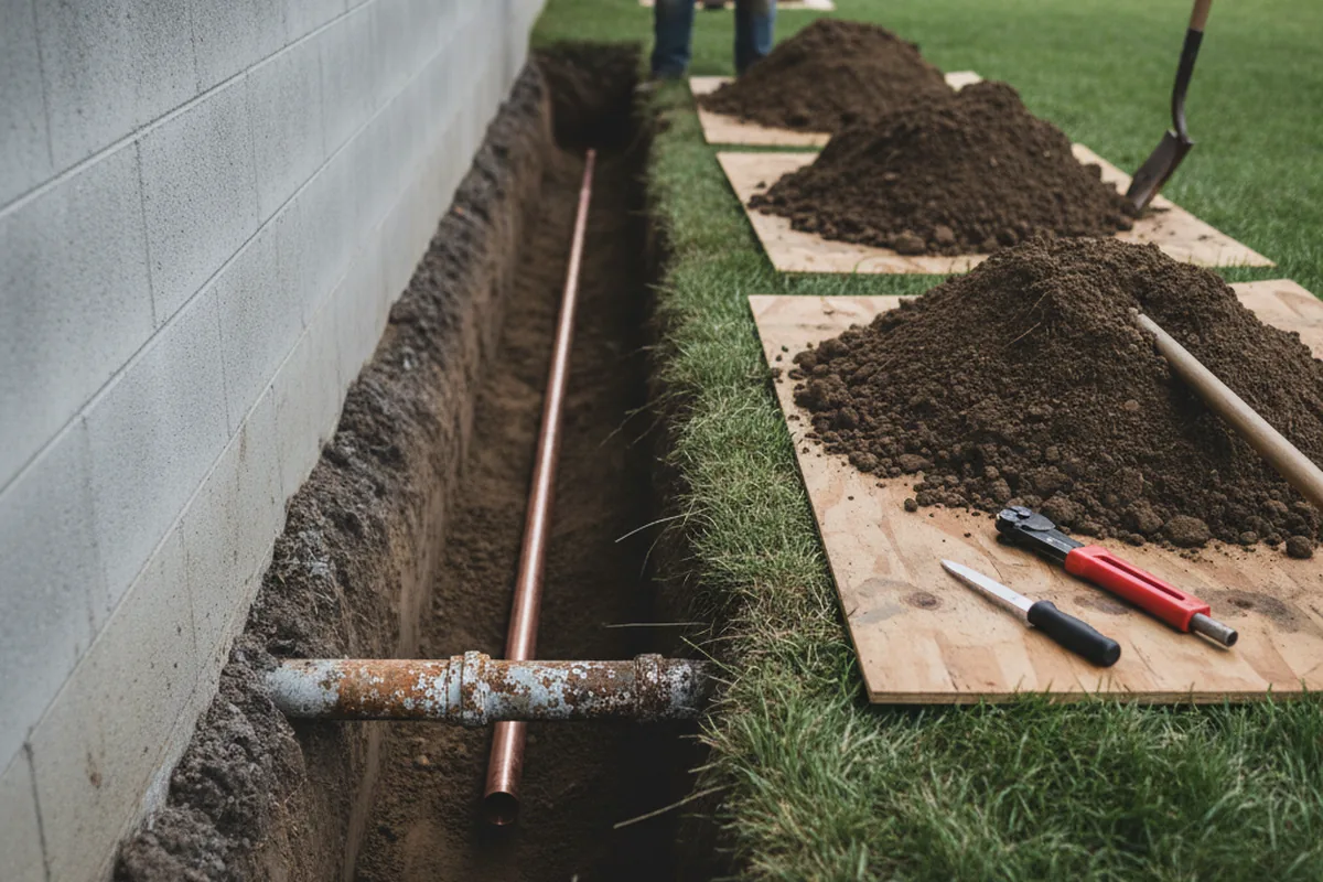 Excavated water line trench during Water Softener Installation in Dewy Rose